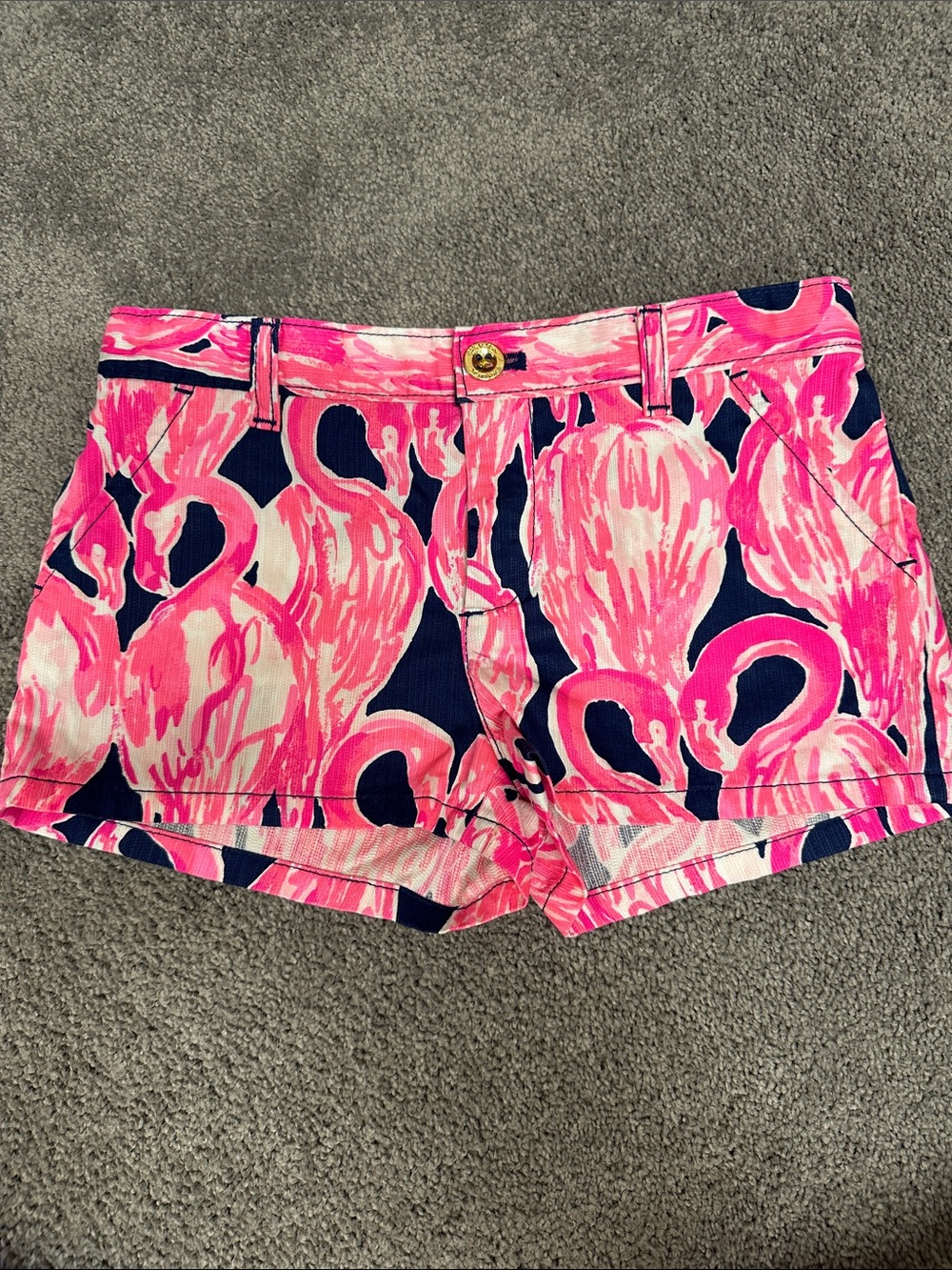 Lilly Pulitzer Pink Flamingo-Print Jean Shorts with Navy Accents